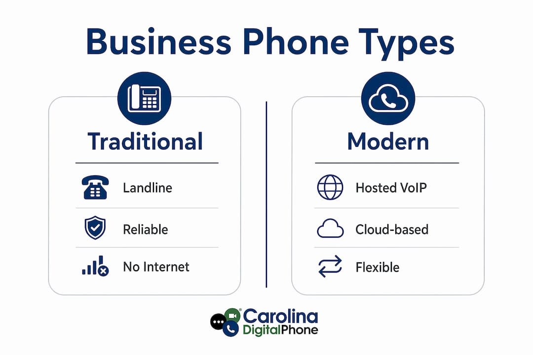 Infographic comparing traditional landline business phones with modern hosted VoIP cloud phone systems