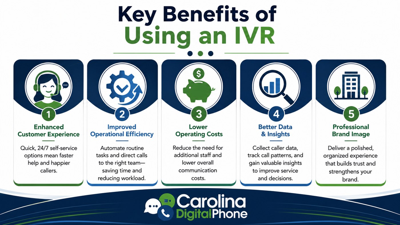 Infographic of five key benefits of using an IVR: customer experience, operational efficiency, lower costs, better data, and professional brand image