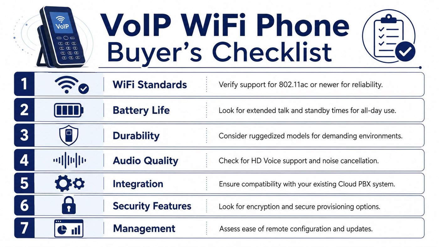VoIP WiFi phone buyer's checklist covering WiFi standards, battery life, durability, audio quality, integration, security features, and management